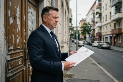 Huissier de justice tenant une mise en demeure devant un immeuble résidentiel pour loyer impayé