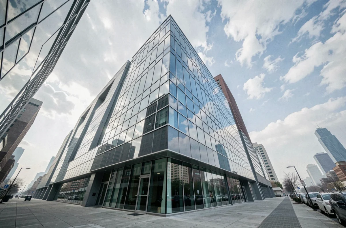 Immeuble de bureaux commercial en verre et acier photographié en contre-plongée dans un centre-ville