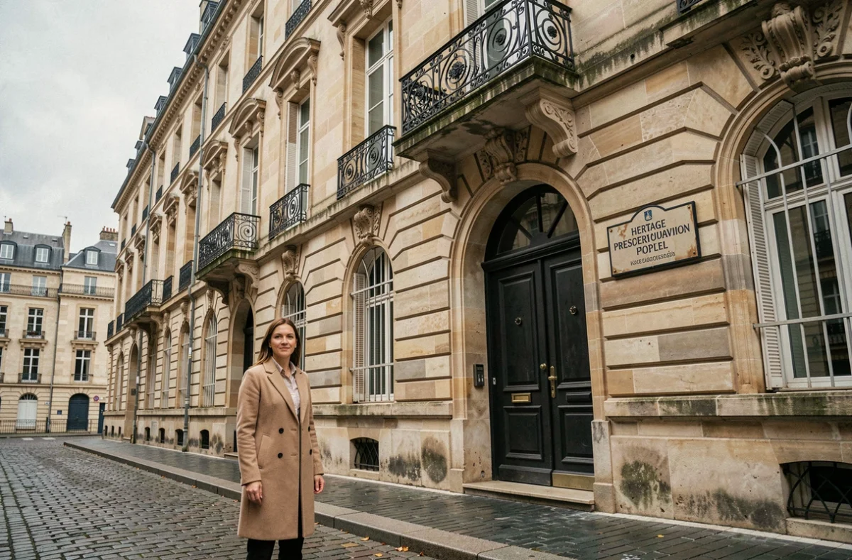 Investisseuse immobilière devant un immeuble historique éligible à la défiscalisation Malraux