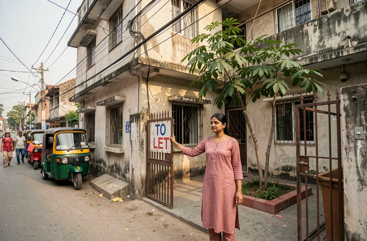 Jeune femme indienne devant un immeuble locatif avec panneau À LOUER à Bangalore
