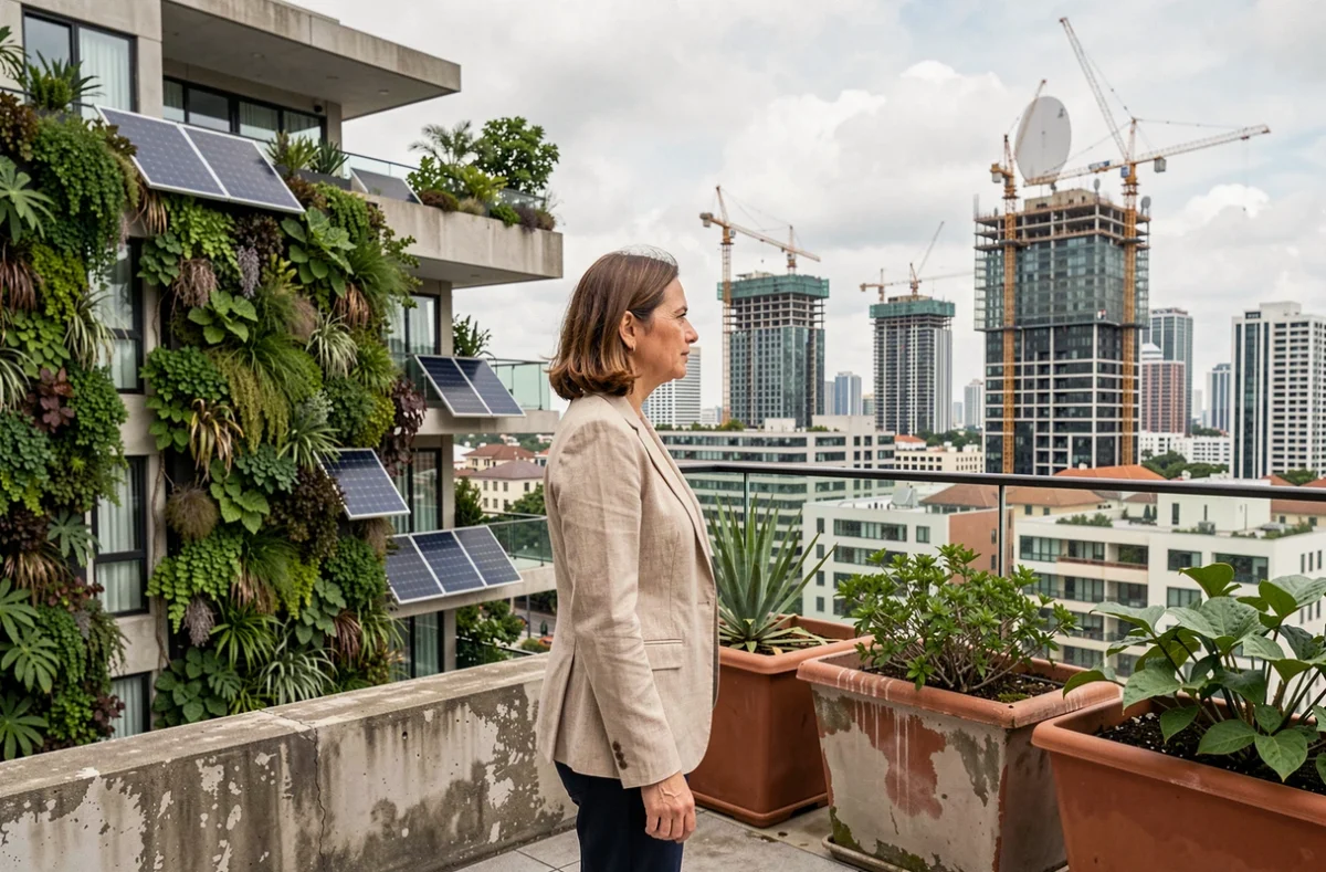 Femme sur la terrasse végétalisée d'un immeuble moderne symbolisant l'immobilier écologique du futur