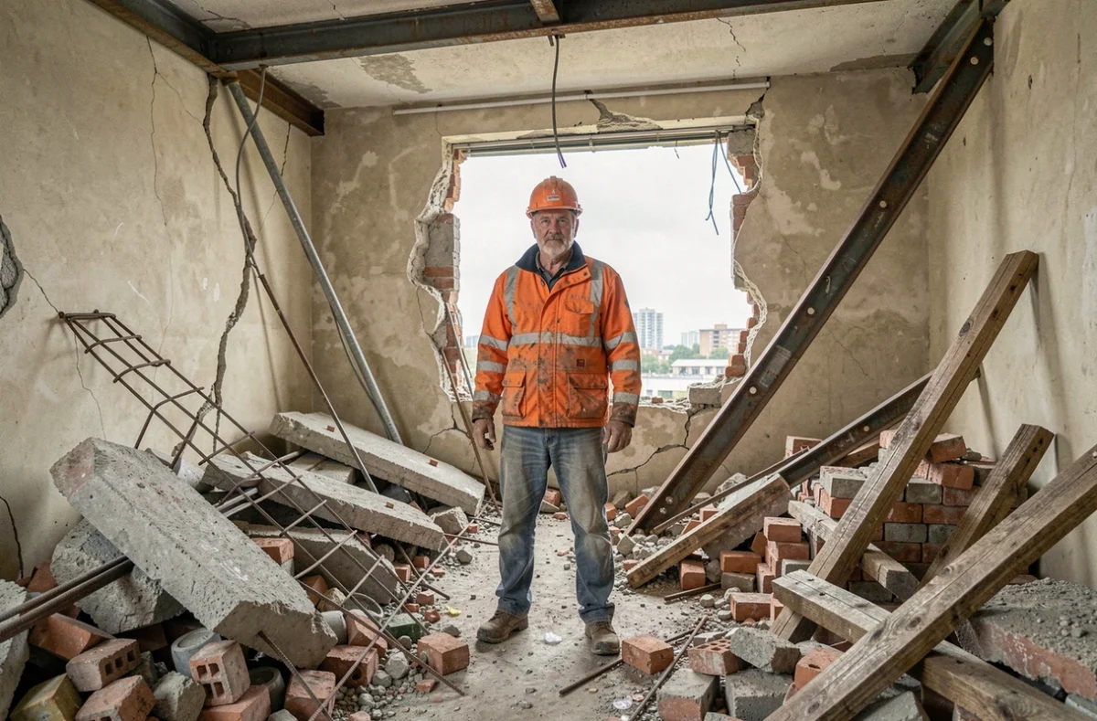 Ouvrier dans un bâtiment en démolition entouré de débris de matériaux de construction en milieu urbain