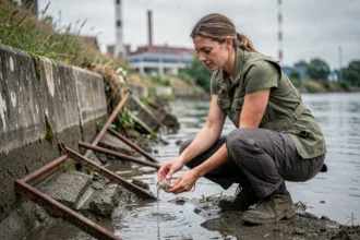 Scientifique environnementale prélevant un échantillon d'eau sur une berge polluée près d'une zone industrielle