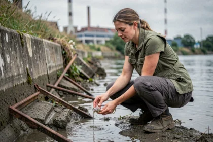 Scientifique environnementale prélevant un échantillon d'eau sur une berge polluée près d'une zone industrielle