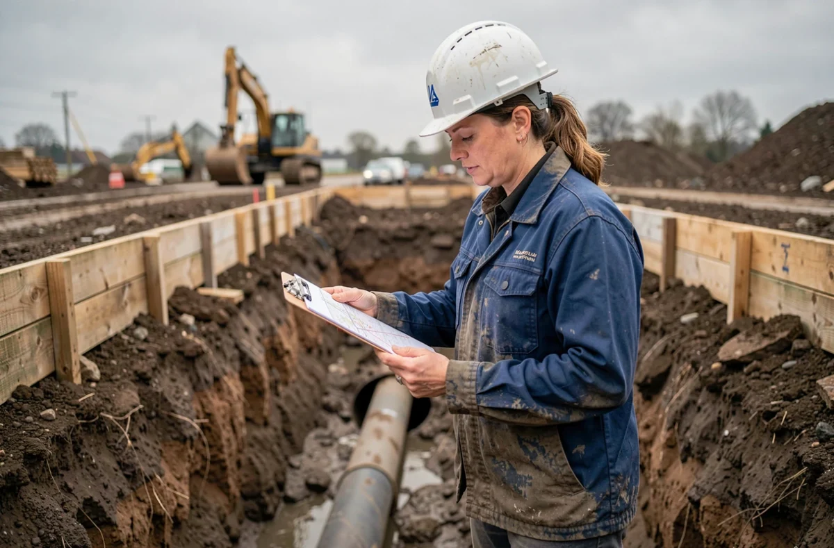 Ingénieure inspectant une canalisation d'eau enterrée mise à nu dans une tranchée de chantier