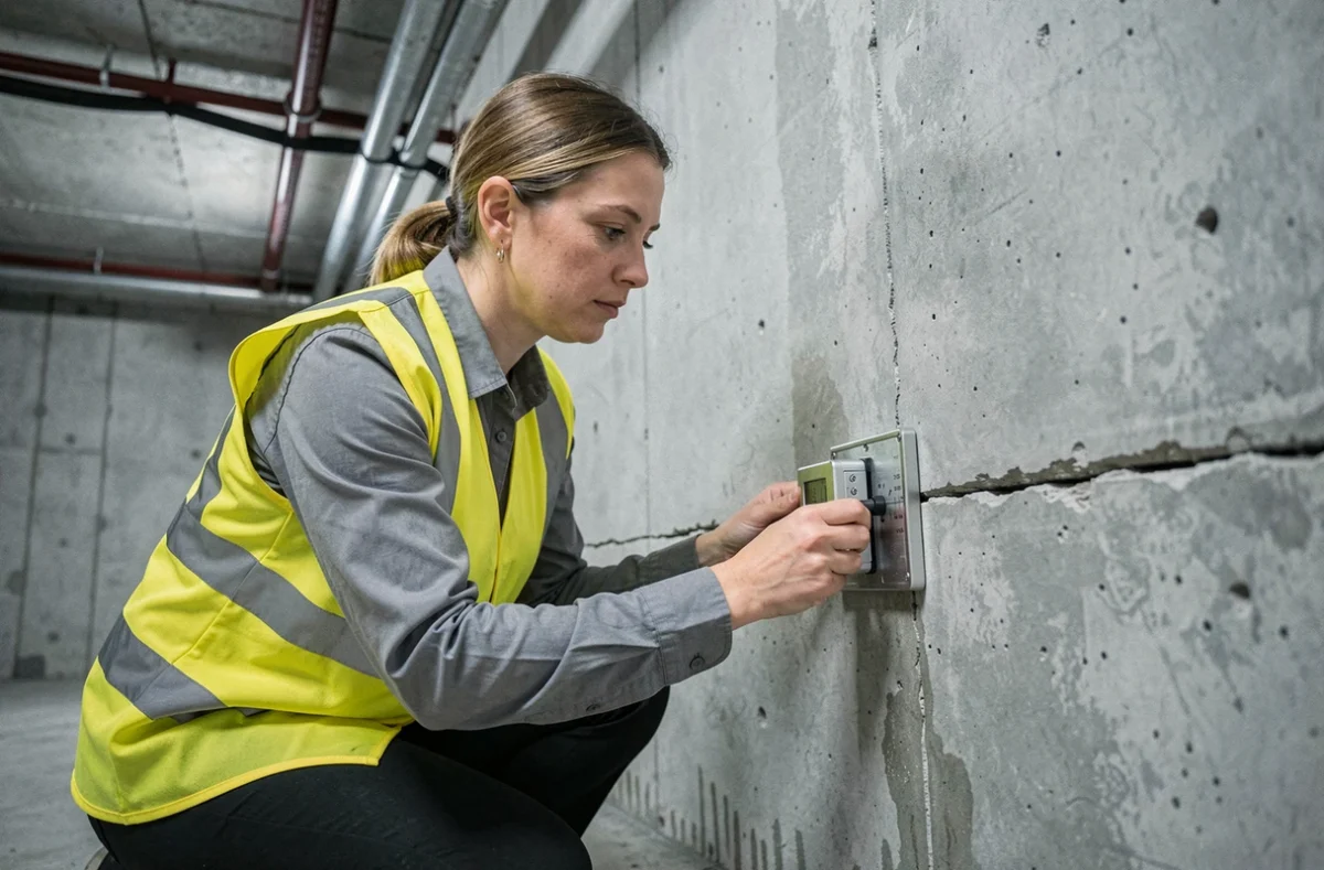 Ingénieure en structure mesurant une fissure dans un mur en béton de sous-sol avec un jauge de fissure