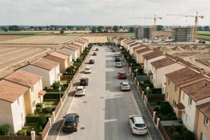 Rue résidentielle périurbaine avec maisons pavillonnaires neuves et chantiers de construction en arrière-plan illustrant l'étalement urbain