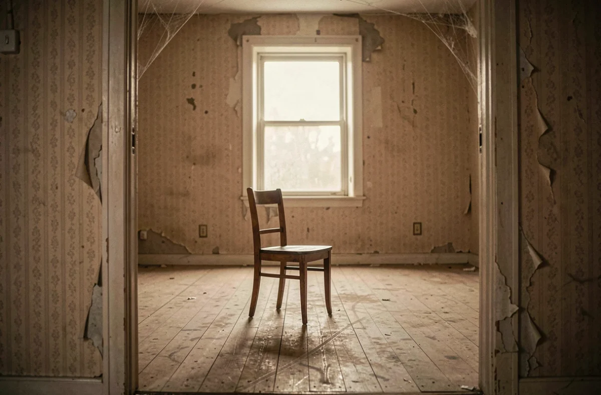 Intérieur vide d'une maison inoccupée avec parquet poussiéreux, papier peint décollé et chaise abandonnée, ambiance de logement vacant