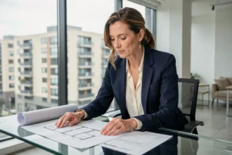 Femme investisseuse immobilier analysant des plans architecturaux dans un bureau moderne avec vue sur la ville