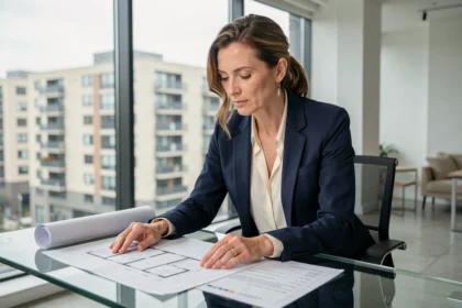 Femme investisseuse immobilier analysant des plans architecturaux dans un bureau moderne avec vue sur la ville
