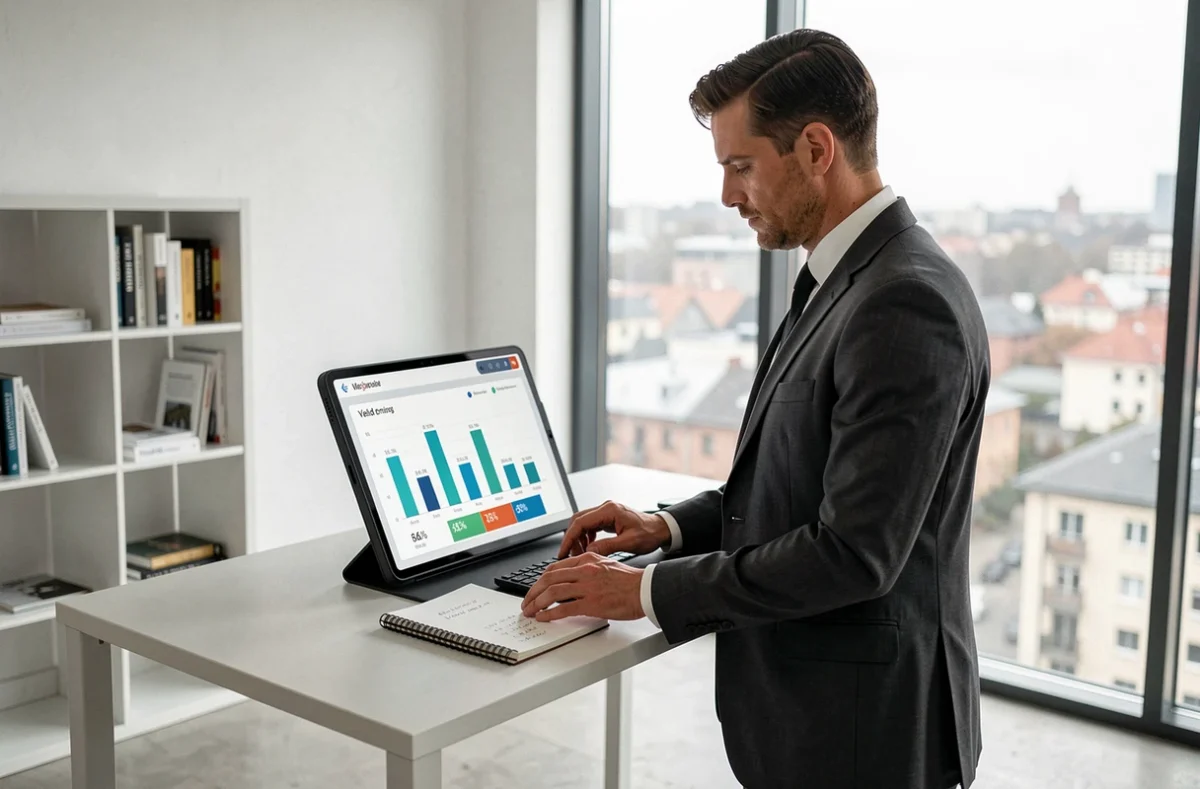Investisseur immobilier consultant un tableau de bord de rendement locatif sur tablette dans un bureau épuré