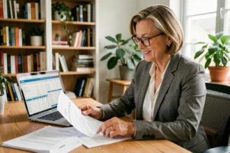 Femme investisseuse examinant des documents de location meublée non professionnelle (LMNP) à son bureau à domicile