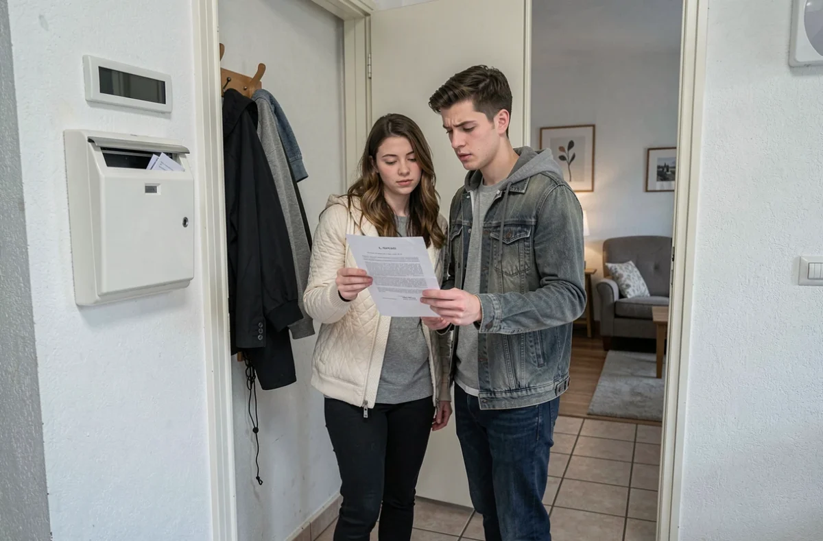 Jeune couple vérifiant un avis de taxe d'habitation dans l'entrée de leur appartement
