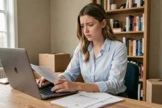 Jeune femme consultant des documents liés à la garantie Visale sur son ordinateur portable à son bureau