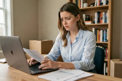 Jeune femme consultant des documents liés à la garantie Visale sur son ordinateur portable à son bureau