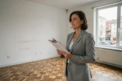 Propriétaire ou agent immobilier inspectant un appartement vacant pour justifier la vacance du logement