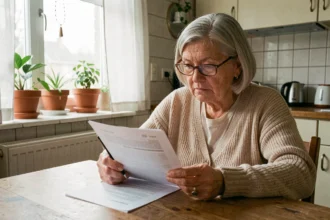 Femme âgée de plus de 70 ans relisant son contrat de location dans sa cuisine en Belgique