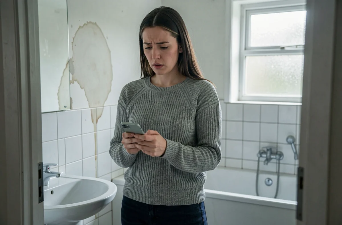 Locataire inquiète constatant un dégât des eaux dans la salle de bain de son appartement