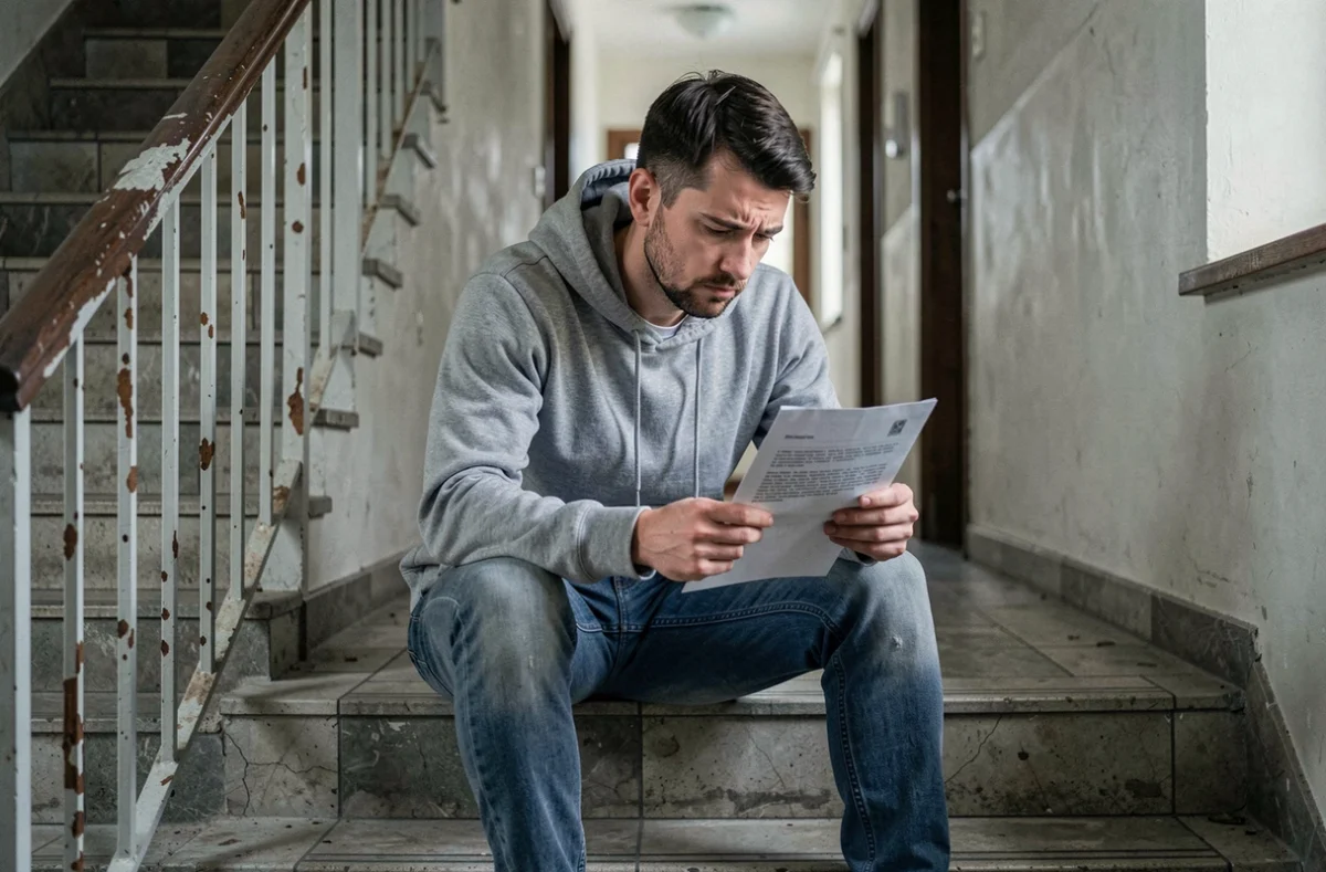 Locataire inquiet tenant une mise en demeure d'huissier dans la cage d'escalier de son immeuble