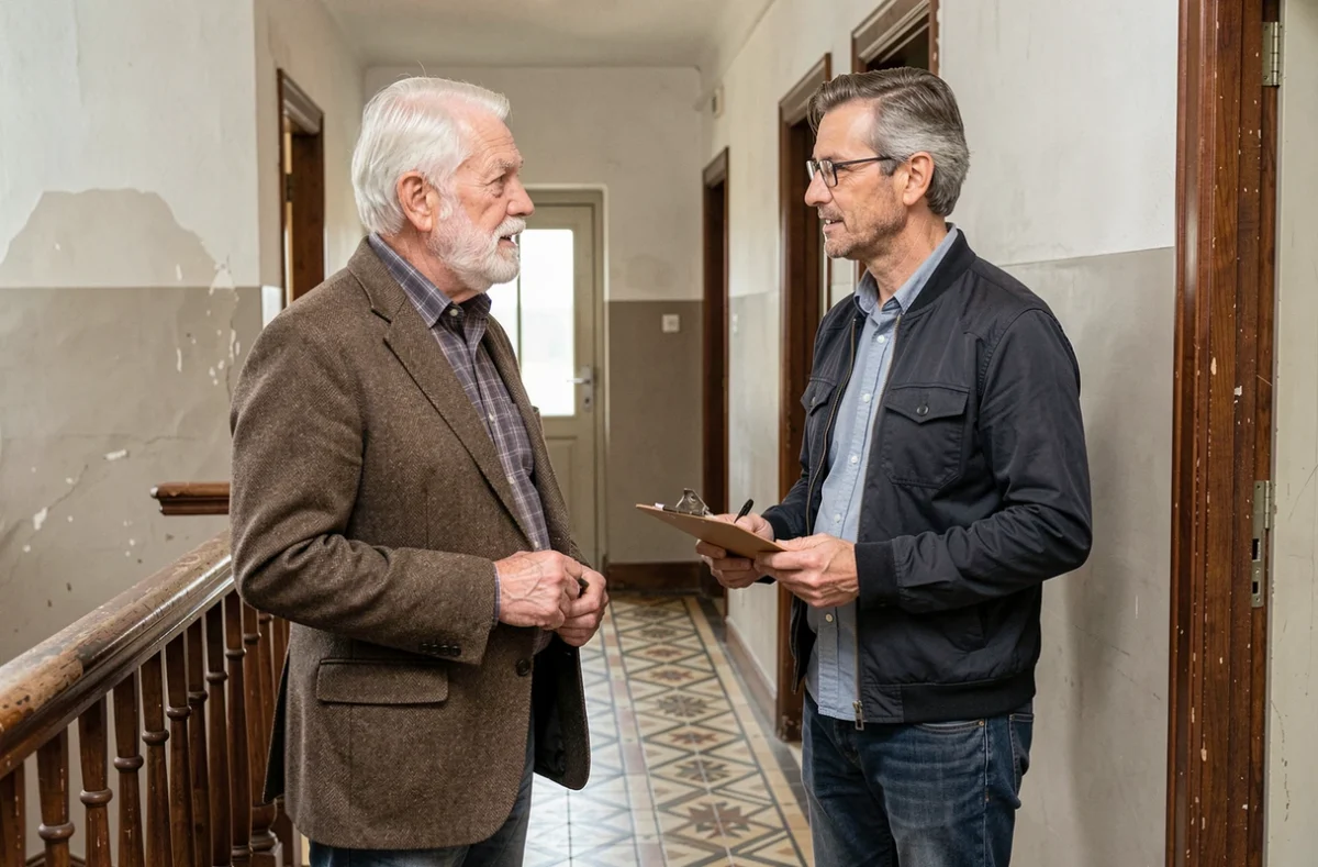 Locataire belge âgé discutant avec son propriétaire dans le couloir d'un immeuble ancien