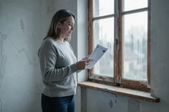 Locataire pointant un défaut d'isolation sur le cadre d'une fenêtre ancienne dans un appartement en location