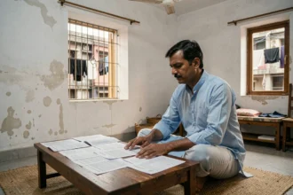 Homme indien examinant des documents de location dans un appartement modeste à Mumbai