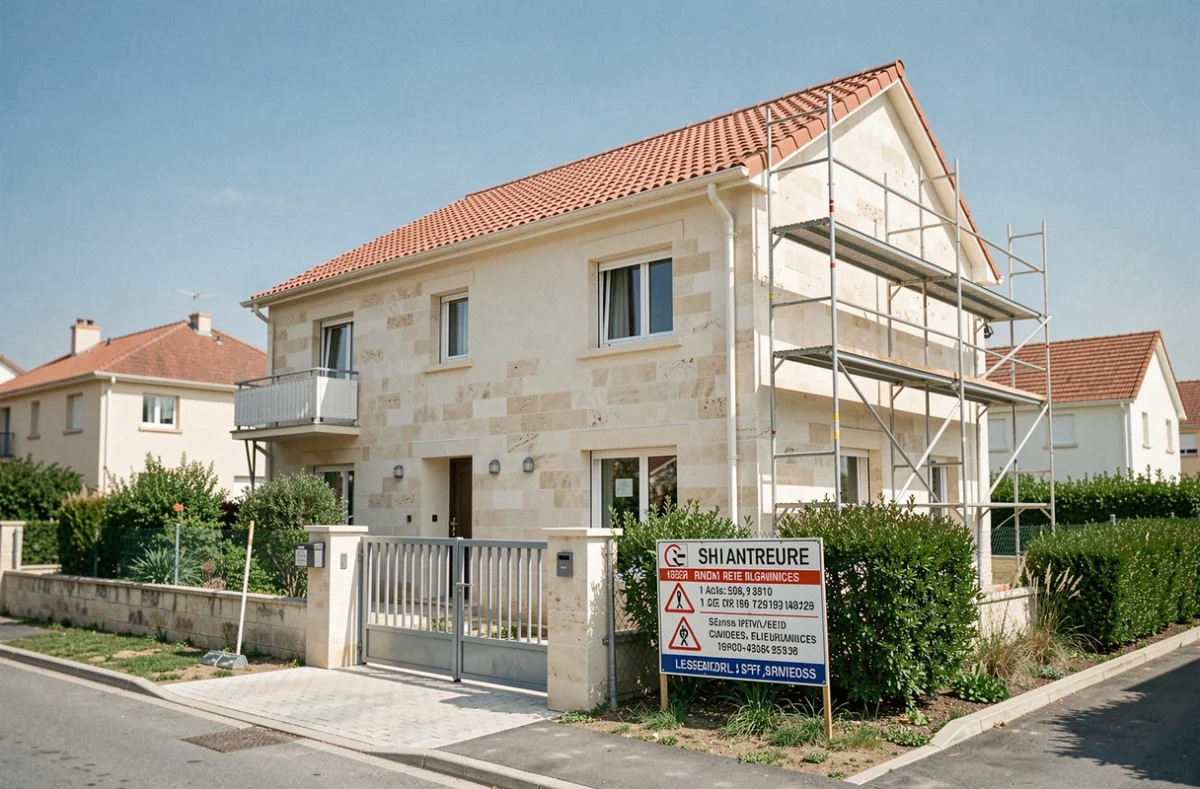 Maison individuelle neuve en construction affichant un panneau de chantier avec mentions légales de garantie obligatoire