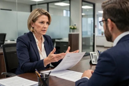 Femme qui négocie son taux d'intérêt avec un conseiller bancaire dans une agence moderne