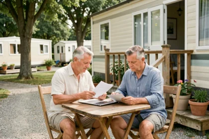 Couple de propriétaires de mobil home à l'année assis dehors, consultant des documents pour négocier leur tarif d'emplacement dans un camping