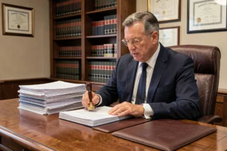 Notaire tamponant un acte hypothécaire officiel sur un bureau en chêne dans un cabinet notarial traditionnel