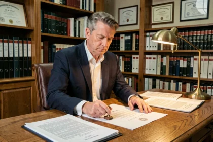 Notaire en costume sombre tamponnant un acte officiel dans son bureau avec étagères juridiques et documents de vente immobilière