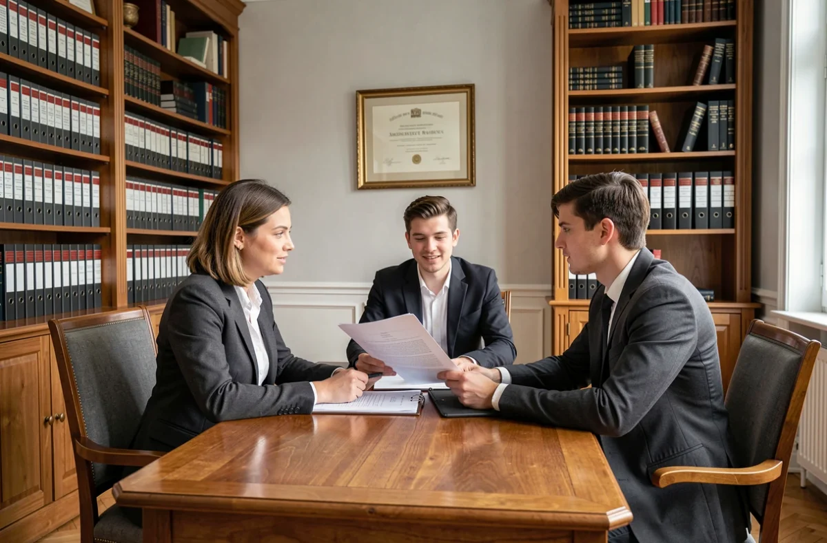 Notaire et couple de propriétaires signant un contrat immobilier incluant des garanties de construction obligatoires
