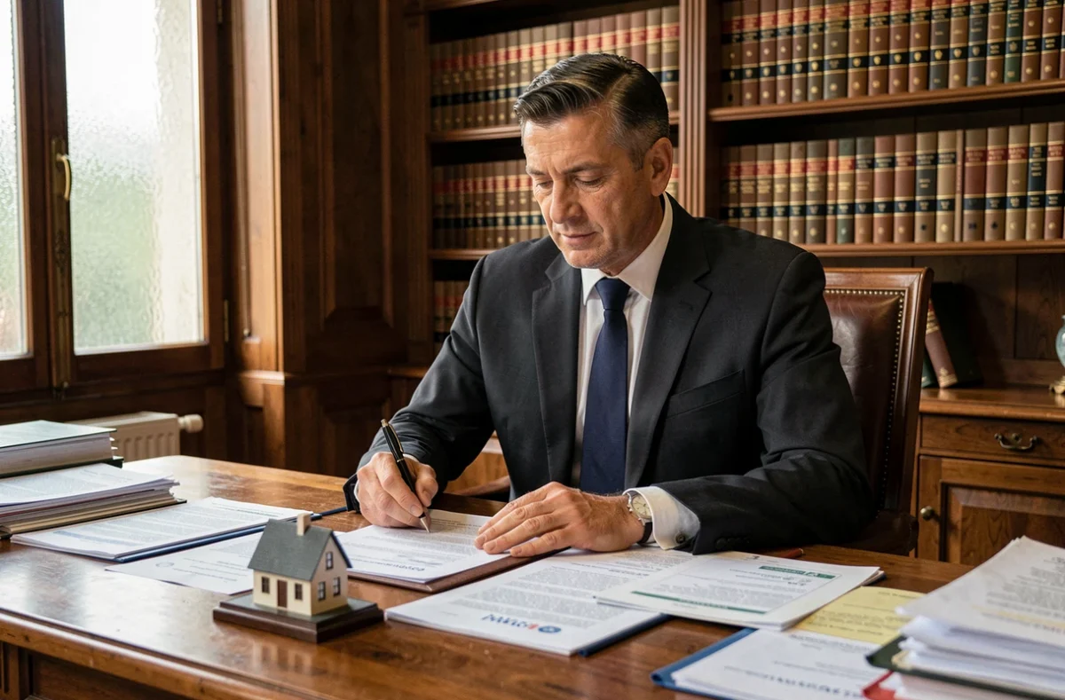Notaire en bureau examinant des contrats immobiliers, illustrant les transactions et démarches juridiques liées à l'immobilier en France