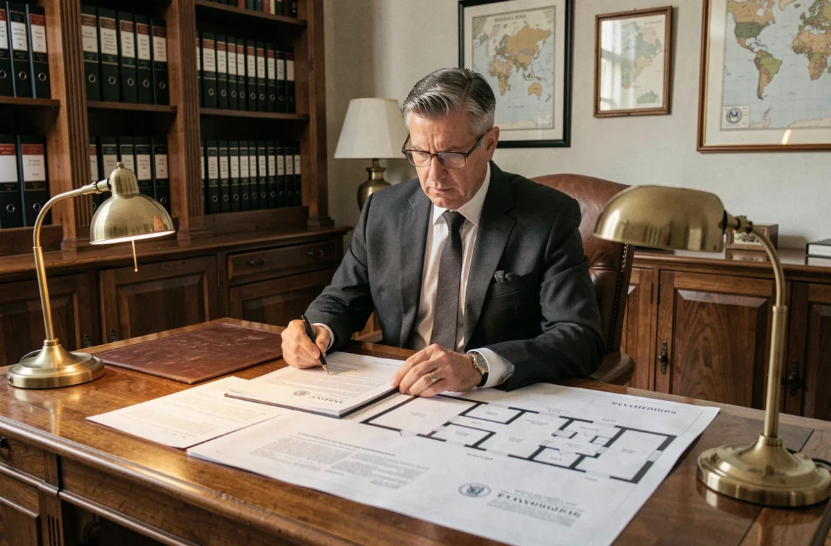Notaire examinant des documents officiels relatifs à une résidence secondaire dans son bureau, contexte de nouvelle réglementation immobilière