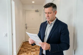 Propriétaire vérifiant un contrat de bail dans un appartement lors d'une remise de clés