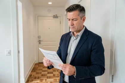 Propriétaire vérifiant un contrat de bail dans un appartement lors d'une remise de clés
