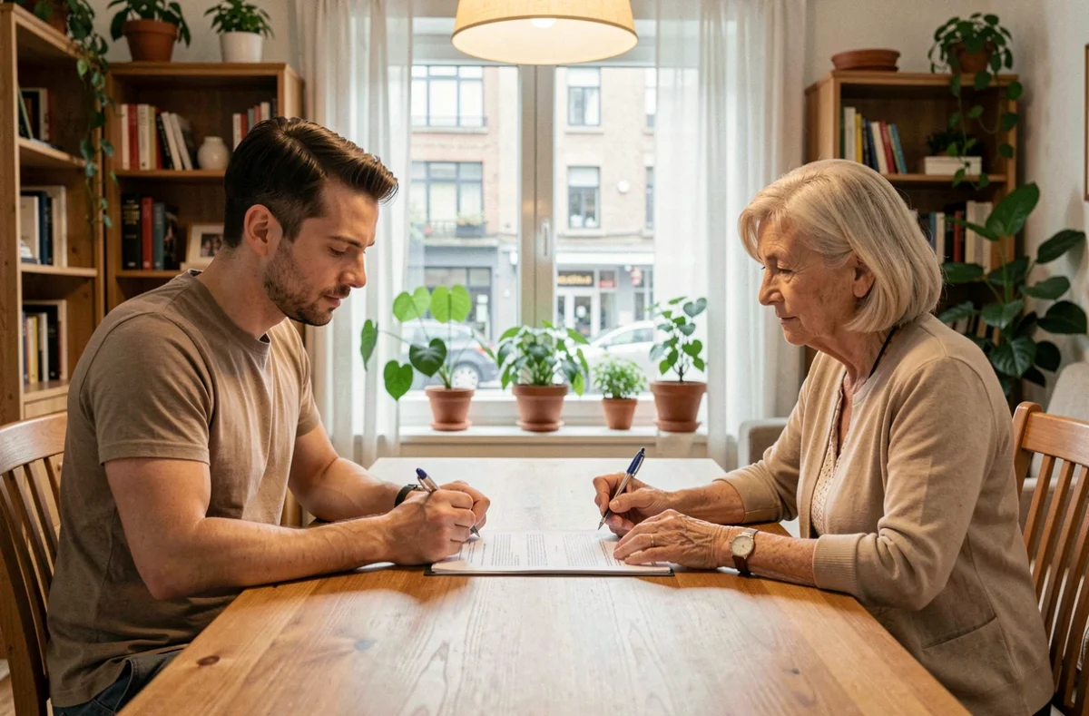 Propriétaire et locataire signant un état des lieux dans un appartement résidentiel