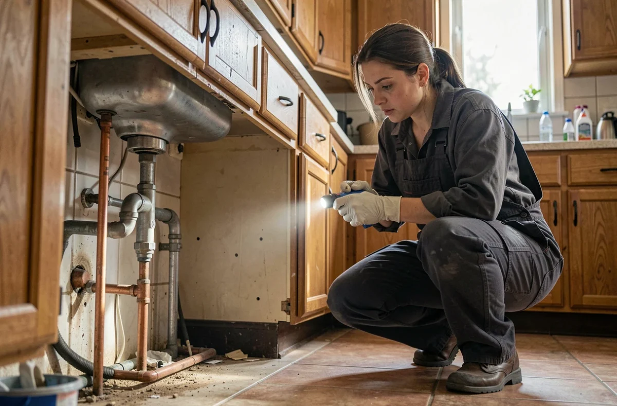 Artisan réalisant une réparation de plomberie dans un appartement locatif pour le compte d'un propriétaire