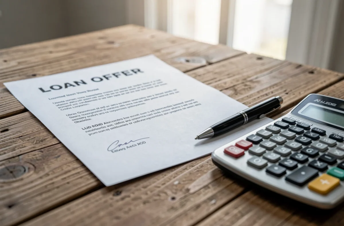 Offre de prêt immobilier posée sur un bureau avec une calculatrice