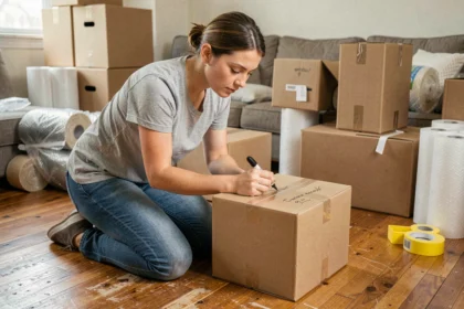 Femme qui étiquette des cartons de déménagement dans un appartement en cours de vidage
