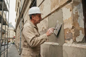 Ouvrier appliquant un enduit sur une façade en pierre lors d'un ravalement de bâtiment haussmannien