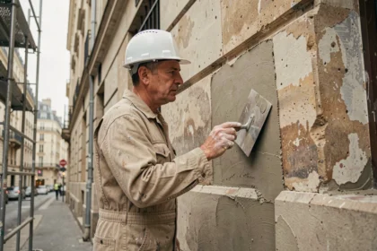 Ouvrier appliquant un enduit sur une façade en pierre lors d'un ravalement de bâtiment haussmannien
