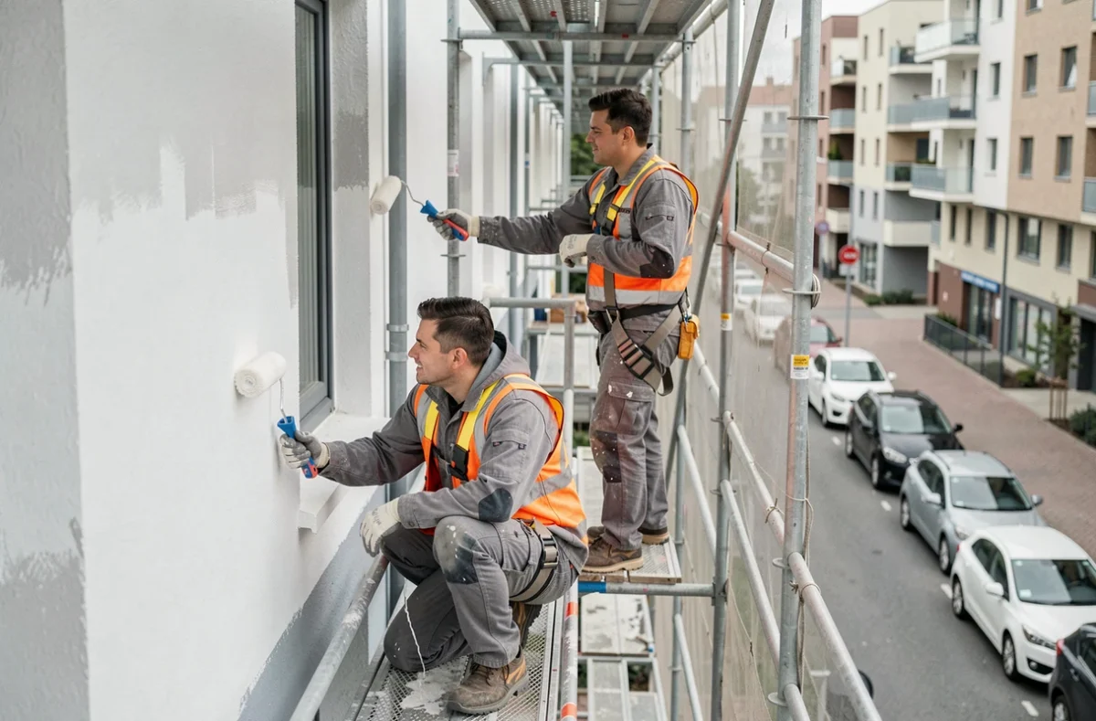 Deux ouvriers en échafaudage appliquant une peinture blanche sur la façade d'un immeuble lors d'un ravalement