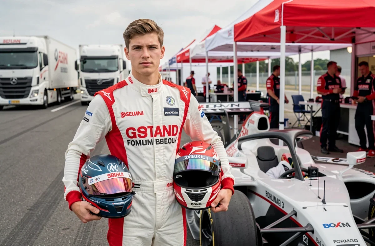 Jeune pilote de Formule 3 en combinaison de course tenant son casque dans le paddock à côté de sa monoplace avant le départ d'une course