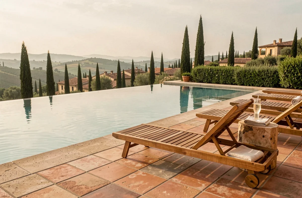 Piscine à débordement d'une villa de luxe avec vue sur un paysage méditerranéen et mobilier en teck