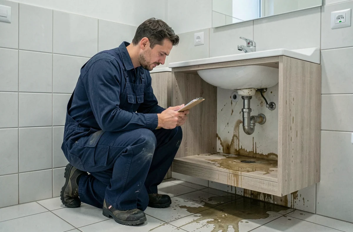 Plombier professionnel évaluant des dégâts des eaux sous un lavabo de salle de bain dans un appartement