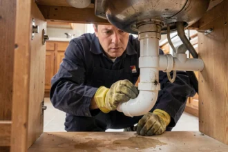 Plombier inspectant une canalisation bouchée sous un évier de cuisine