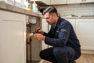 Plombier professionnel inspectant les canalisations sous un évier de cuisine lors d'une intervention locative