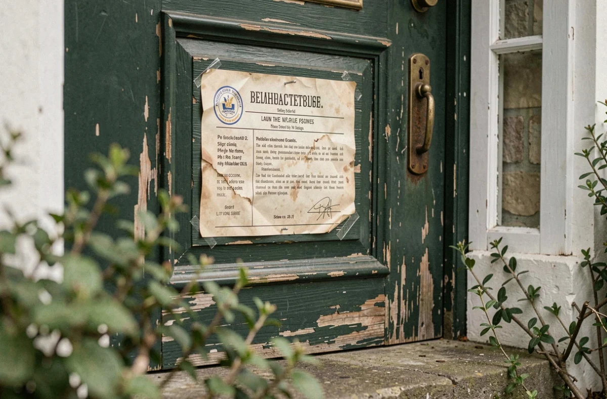 Gros plan sur la porte d'entrée d'un logement inoccupé avec avis administratif, peinture écaillée et quincaillerie rouillée