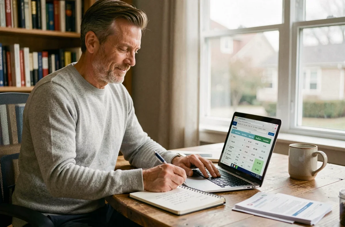 Un homme prépare sa demande de réduction de taux immobilier depuis son bureau à domicile avec des comparatifs de taux